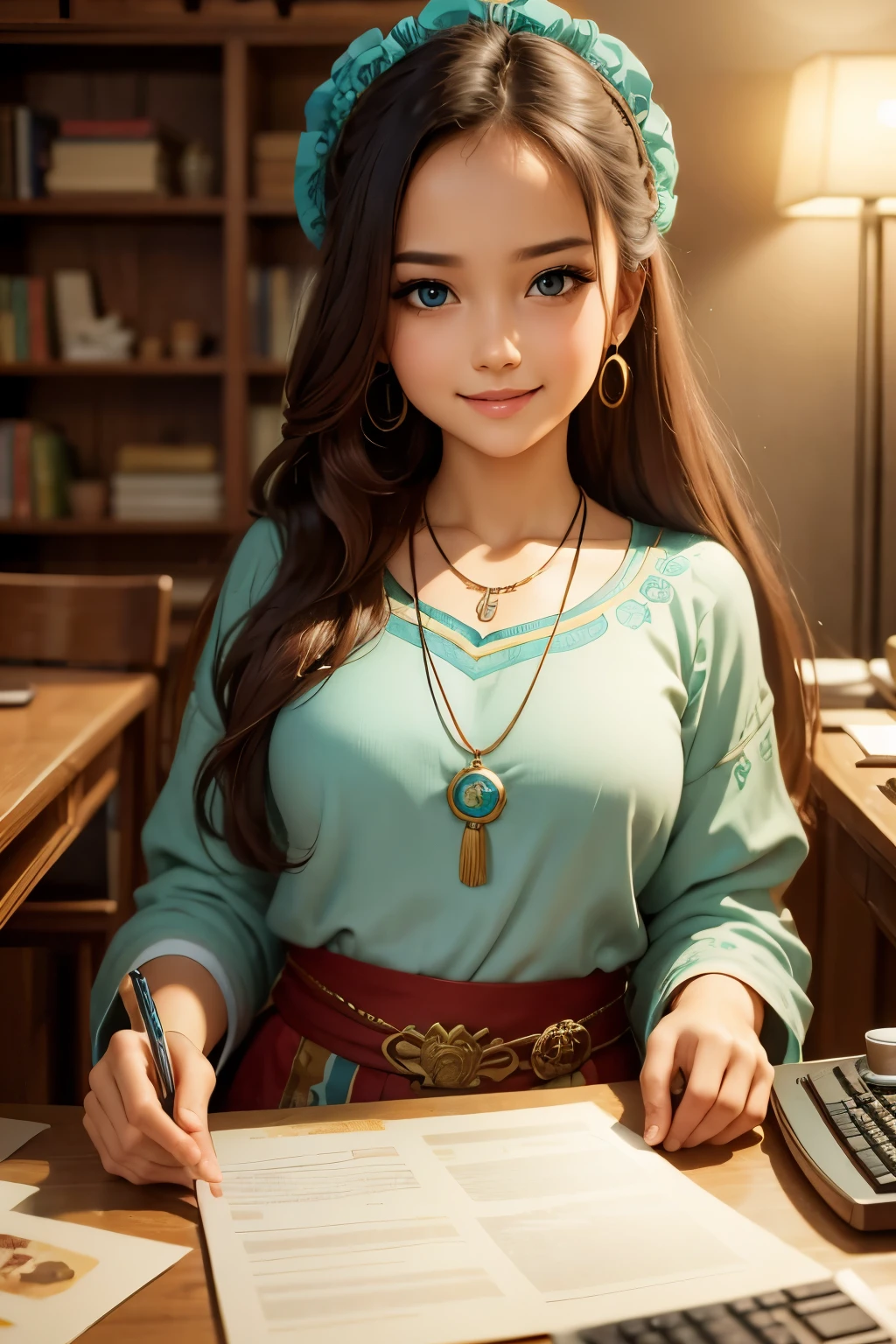 masterpiece, best quality, ultra-detailed, illustration,(1girl),beautiful detailed eyes, looking at viewer, (holding a computer keyboard), happy, (turquoise hair:1), (blue rounded eyes:1), (round earring), (turquoise big gem necklace), cute round face, long hair, smile, fantasy chinese clothes