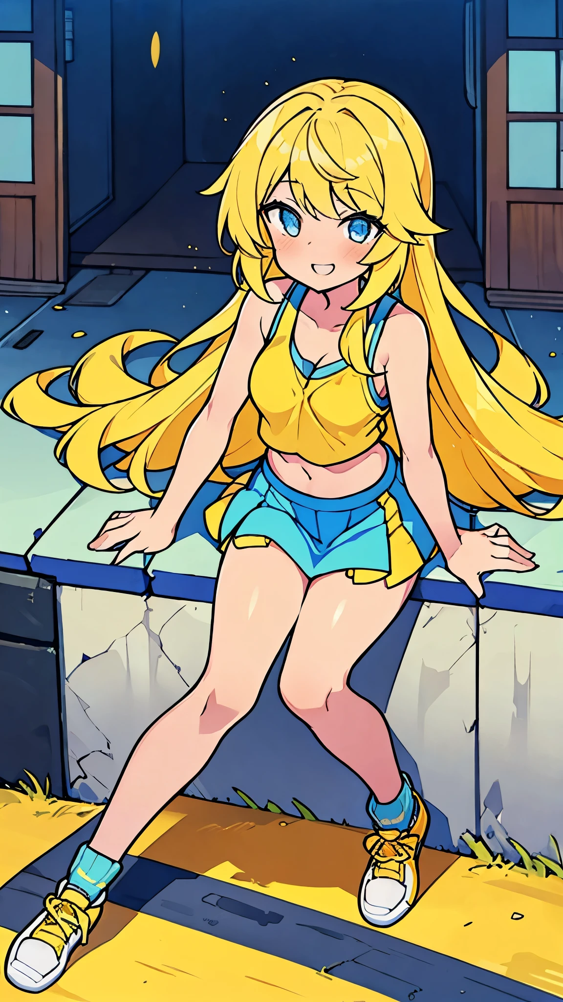 Luna Kirika, age girl, long straight yellow hair, blue eyes, yellow tank top showing her stomach and part of her breasts, orange yellow mini skirt, smooth arms, smooth thighs, yellow sports shoes, smile, beautiful, feminine, sexy, background in Tokyo city in the morning.