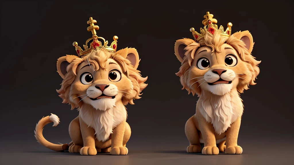 
A  lion with a crown on his head, alone, smiling with the face of someone who smoked marijuana with a cannabis cigarette in his mouth and with his 2 front paws up greeting with a black background