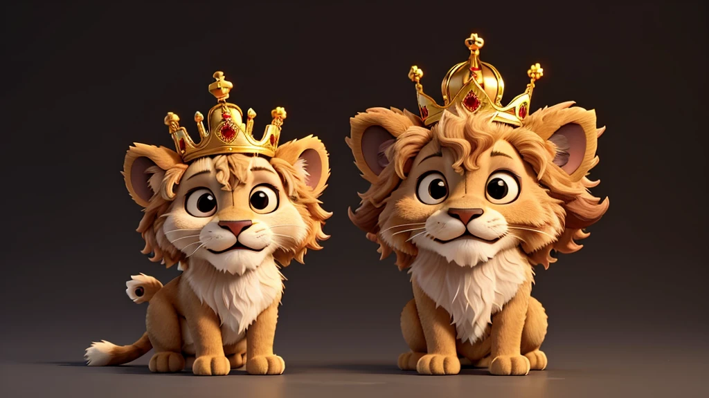 A little lion with a crown on his head, alone, smiling with the face of someone who smoked marijuana with a cannabis cigarette in his mouth and with his 2 front paws up greeting with a black background