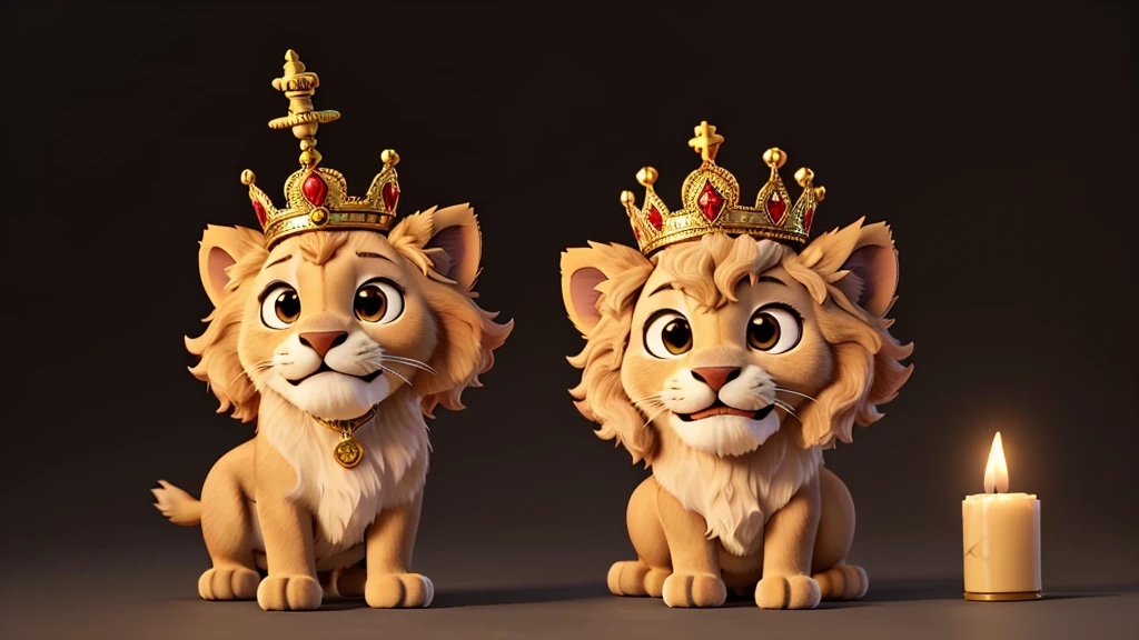 
A little lion with a crown on his head, alone, smiling with the face of someone who smoked marijuana with a cannabis cigarette in his mouth and with his 2 front paws up greeting with a black background