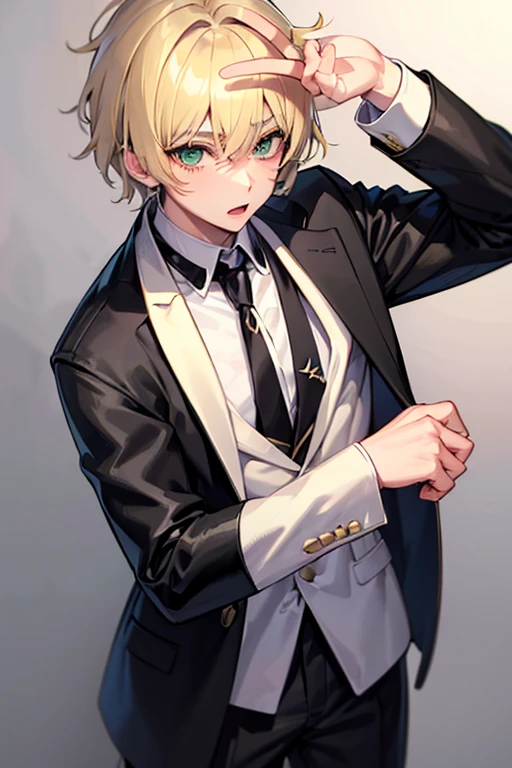 boy (masculine) with bangs and blonde hair and anime green eyes with black and white jacket