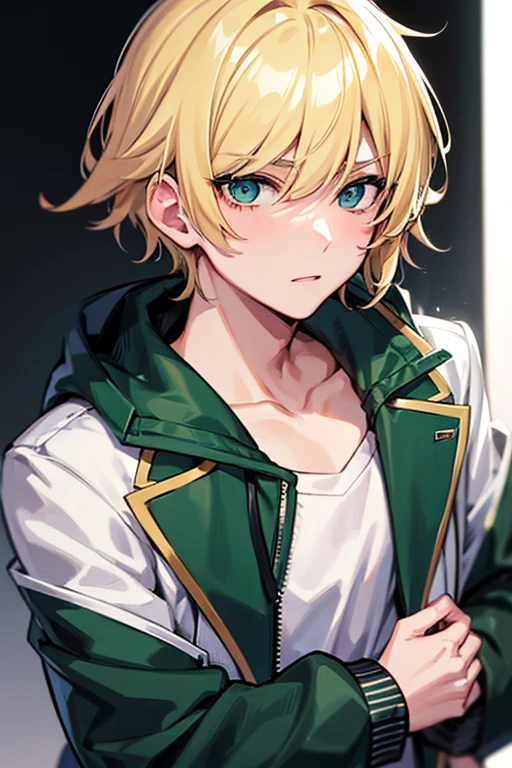 (One girl)、((short hair))、(sidelock)、((Blonde))、(sidelock)、(Sato Air)、((boyish))、((flat chest))、(Wizard)、black stick pants、White sleeveless、jacket、black gloves、say、green eye、arm behind back、(coarse hair)、20-year-old 、curvy、White Background、