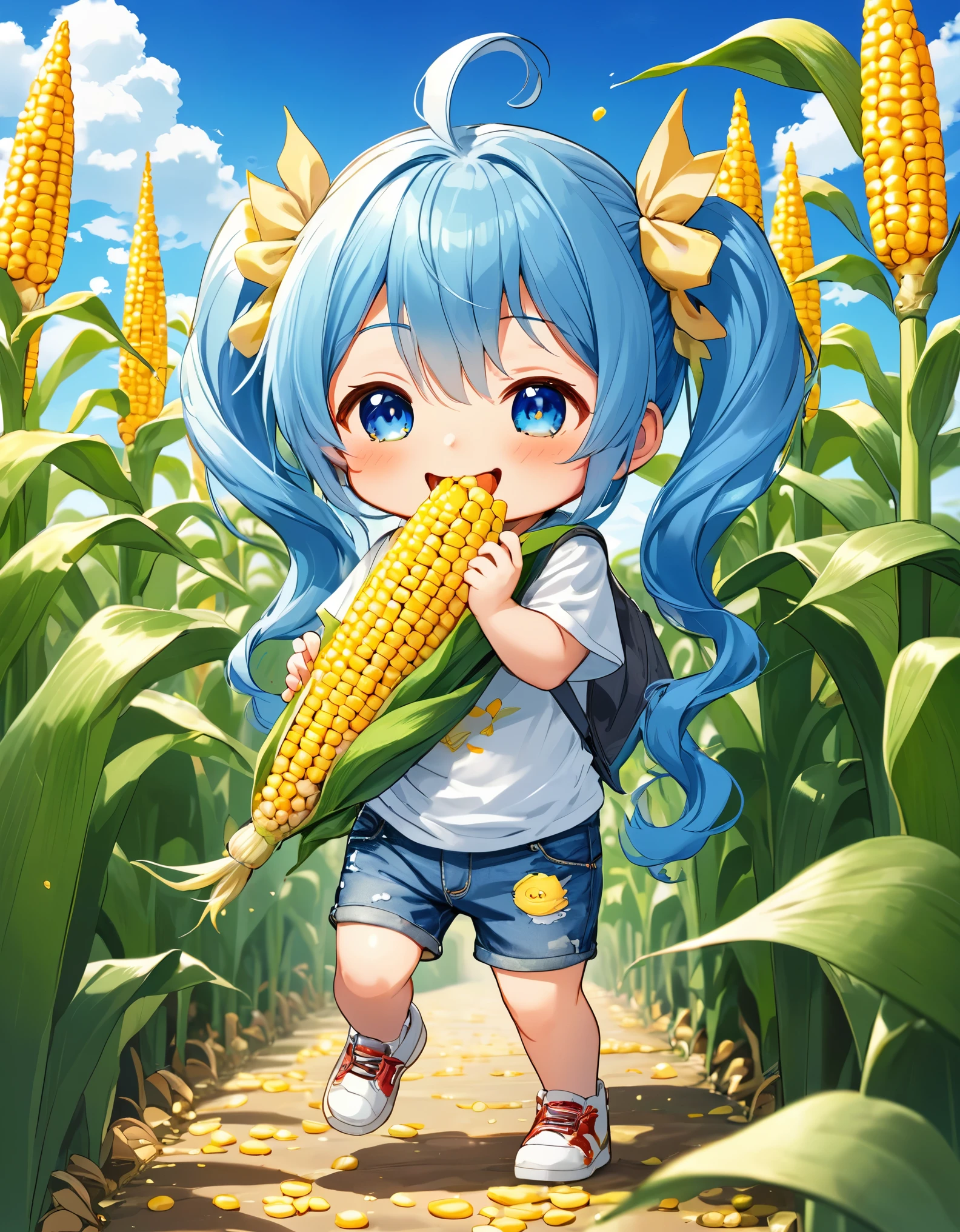 blue sky、White cloud、A field of corn、Light blue long hair、Cute chibi character with twin tails、Surrounded by corn, he is smiling happily and showing off his biggest smile.、A little character is eating corn、A kernel of corn on his cheek、Delicious smile、T-shirt and denim shorts