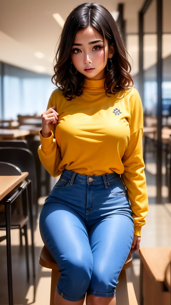 girl, blushing, shy, tight jeans shorts, big , white seethrought top, sitting,asians, Backwards,