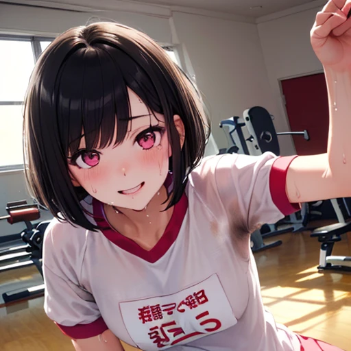 (NSFW) 、(8K, RAW Photos, Highest quality, masterpiece, High resolution, Absurd, Super detailed:1.3), Atmospheric, Naughty Girls,alone,(cute:1.5),(Little:0.8),(Kawaii 1.5),(Naughty Girls, cute, full of energy),(Black Hair, Messy Short Bob, Pink Eyes:1.55 )、((A girl wearing a white short-sleeved gym uniform:1.2)), (White sneakers:1.1),(((Sweat)))、(((Sweat染み)))、(((whole bodyびしょ濡れ)))、(((Body odor)))、 (The background is the schoolyard、Physical education class、sway、Fresh sunshine, Sweat, smile,whole body)、(((Love juice)))