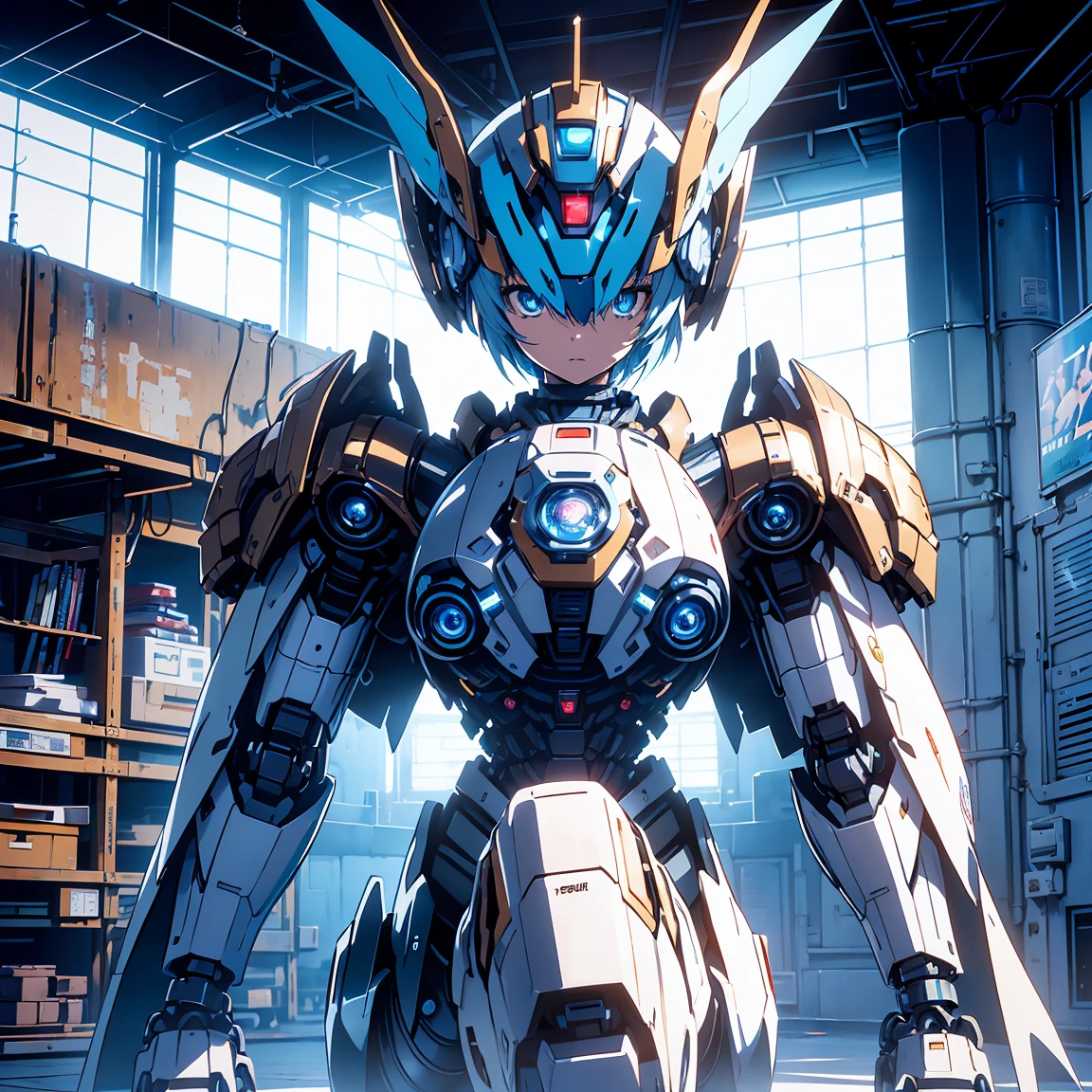 Anime, 2 characters, (1 teenage anime girl, silvery blue hair, bright blue star-shaped eyes, sitting); (1 Robot, Humanoid, Cape, Luminous Eyes, Rugged, Fantasy, Lights, outdated, old style, dark blue, bronze), Room with window