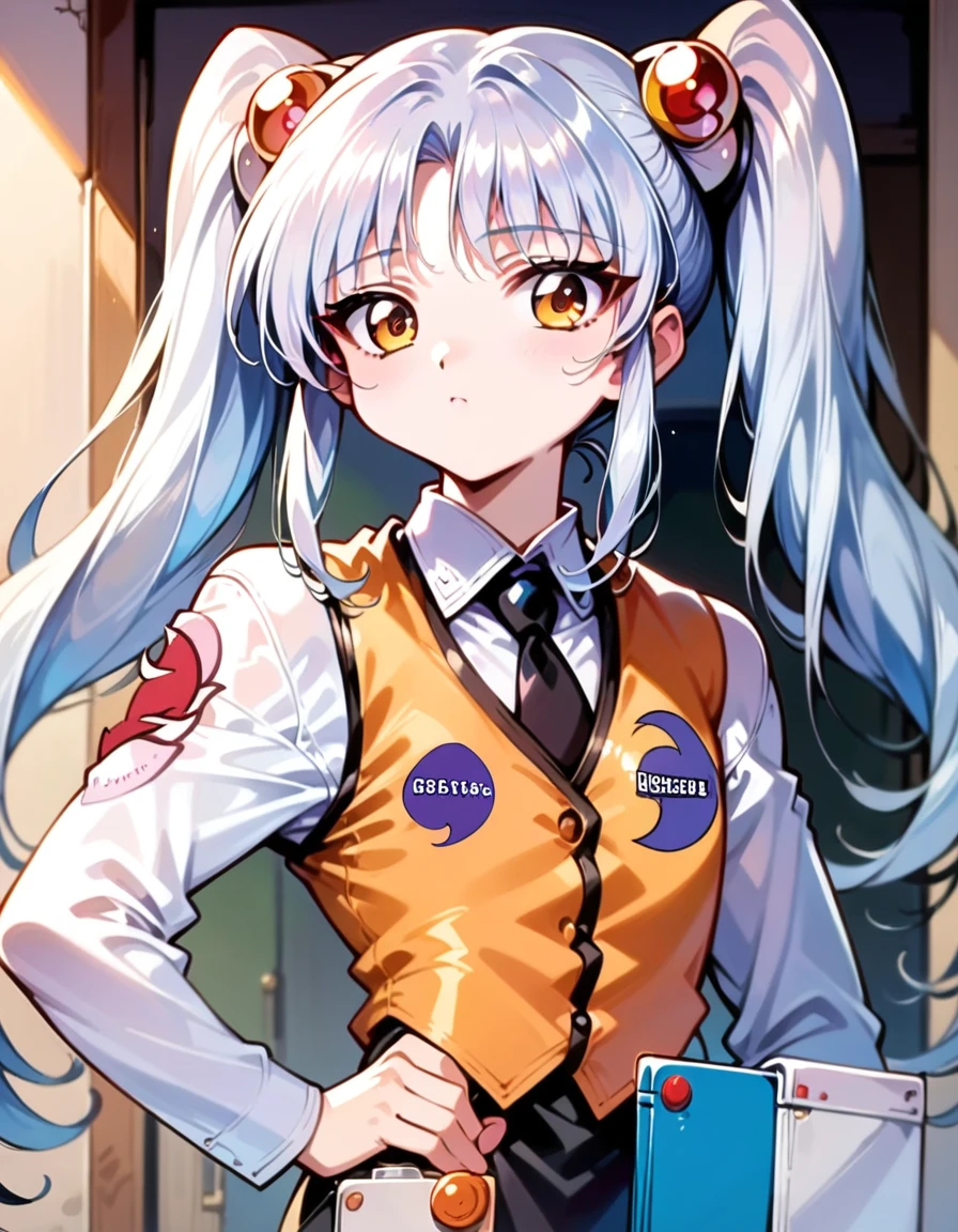 1girl, ruri_hoshino, (rurihAA), (twintails), light blue hair, yellow eyes, very long hair, orange vest, BREAK solo, flat chest, close-up, (expressionless:1.2), hologram, BREAK intricate details, extremely intricate, perfect lighting, (depth of field :1.2), detailed eyes , detailed hair, detailed face, (detailed shiny hairs), (detailed background), outline, highres, eyeshadow, eyeliner, (sharpness:1.2), (extremely detailed:1.2), BREAK (score_9, score_8_up, score_7_up, (source_anime), masterpiece, best quality, absurdres:1.2), ai-generated, newest, very aesthetic,ruri_hoshino, rurihAA, black mini skirt, orange vest