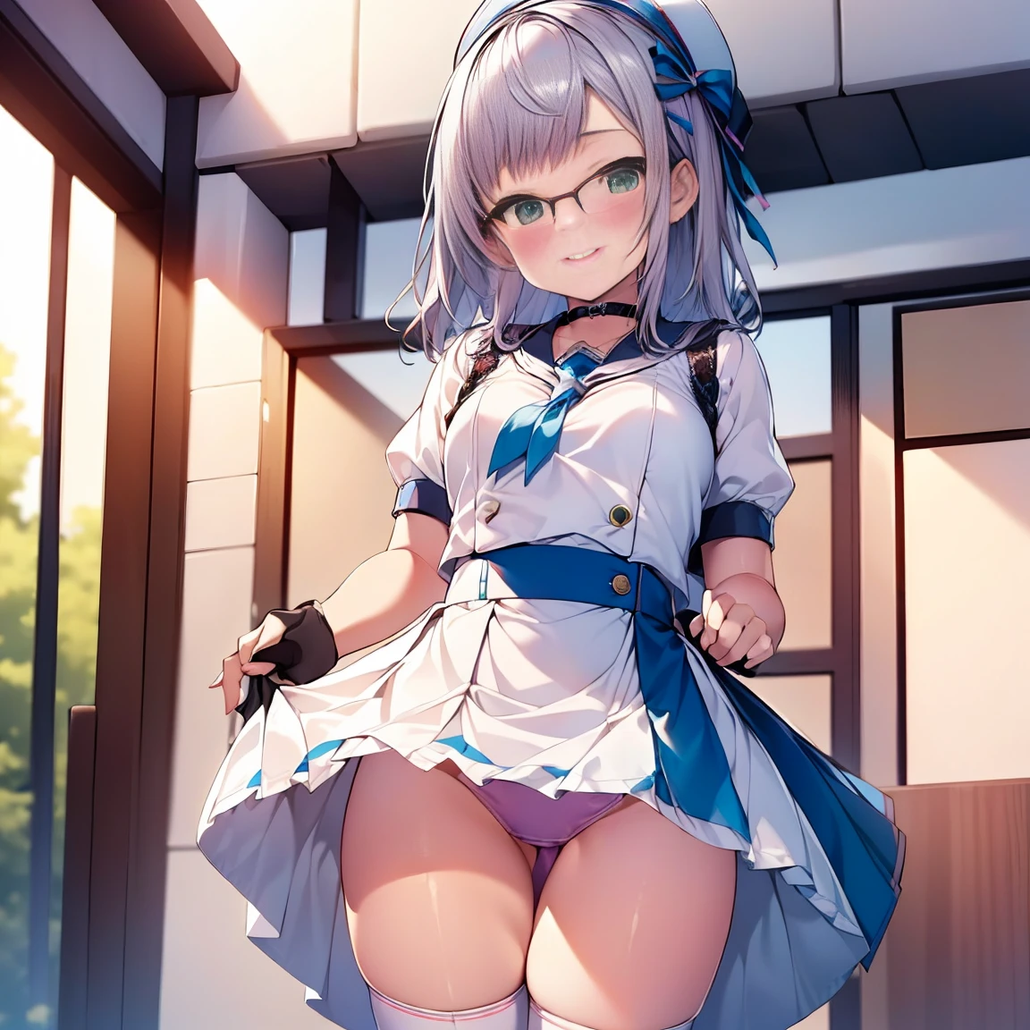 8K、masterpiece、Japanese、Woman wearing glasses、Neon(nod)、from the front、smile、Childish、Small breasts、See-through underwear、night、Bedroom、Show your underwear、mini skirt