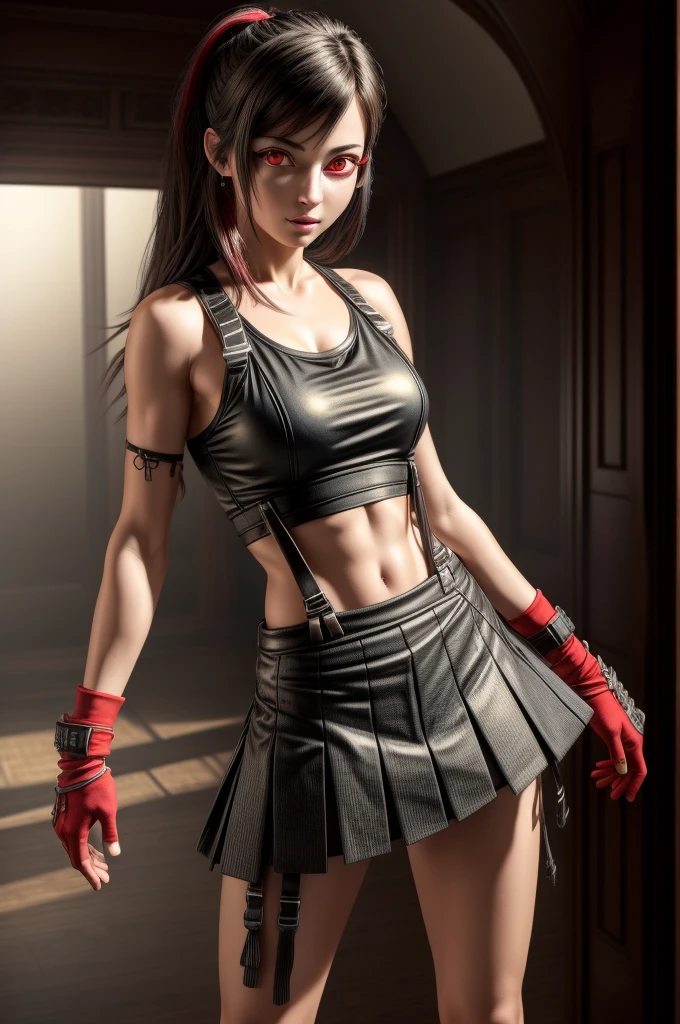 (masterpiece, Highest quality), Intricate details, (Highest quality)), ((masterpiece)), ((Realistic)), (Hyperrealism:1.2), (Fractal Art:1.2),
One girl, (Red eyes:1.5) 7r Tifa, White tank top, Arm guard, Fingerless gloves, suspenders, Pleated mini skirt, Black knee socks, Red Boots ,
Highly detailed eyes, colorful, Most detailed,
Vibrant colors, High Contrast,
(8K Ultra HD:1.2), (photoRealistic:1.2),