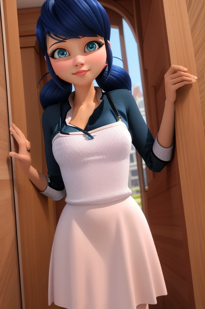 (8k, RAW photo, best quality, masterpiece:1.2), (intricate details), perfect eyes, perfect face, perfect lighting, beautiful, (masterpiece:1.2), (best quality:1.2), 1girl, solo, Marinette, blue hair, ((long loosen hair)), adult torso, 19 years old, slight smile, huge sized breasts, (pink dress), cowboy shot, 3DMM, standing, front view