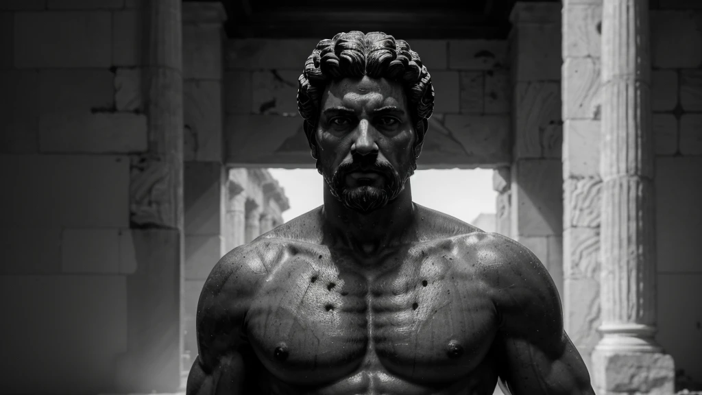 a portrait statue of the stoic Marcus Aurelius in black and white 4K, Super realistic ANCIENT GREEK RUINS, fully body, corpo stark, brawny, stark, wearing no shirt, tronco stark, stark, wearing no shirt, strong arms, 8K, ultra realisitic, cinematographic