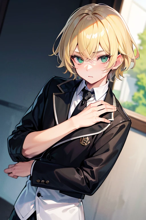 boy (masculine) with bangs and blonde hair and anime green eyes with black and white jacket
