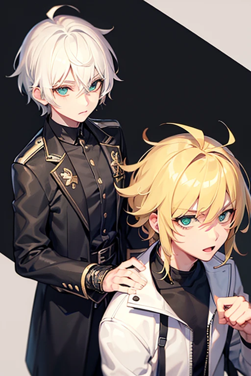 boy (masculine) with bangs and blonde hair and anime green eyes with black and white jacket
