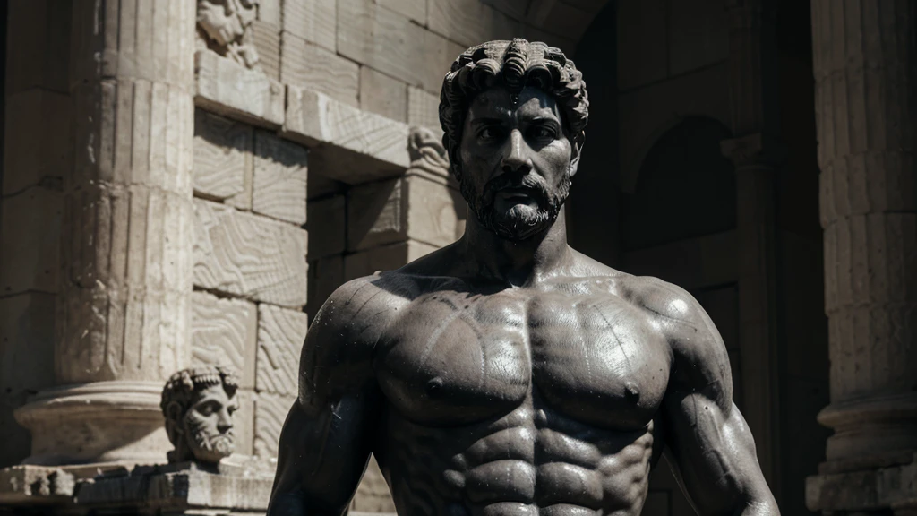 a portrait statue of the stoic Marcus Aurelius in black and white 4K, Super realistic ANCIENT GREEK RUINS, fully body, corpo stark, brawny, stark, wearing no shirt, tronco stark, stark, wearing no shirt, strong arms, 8K, ultra realisitic, cinematographic