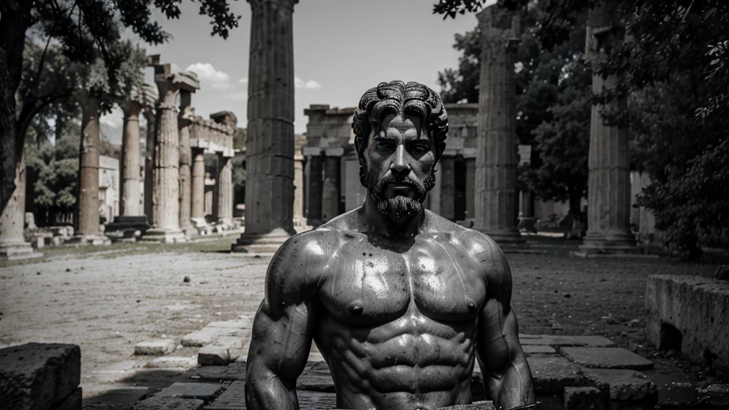 a portrait statue of the stoic Marcus Aurelius in black and white 4K, Super realistic ANCIENT GREEK RUINS, fully body, corpo stark, brawny, stark, wearing no shirt, tronco stark, stark, wearing no shirt, strong arms, 8K, ultra realisitic, cinematographic