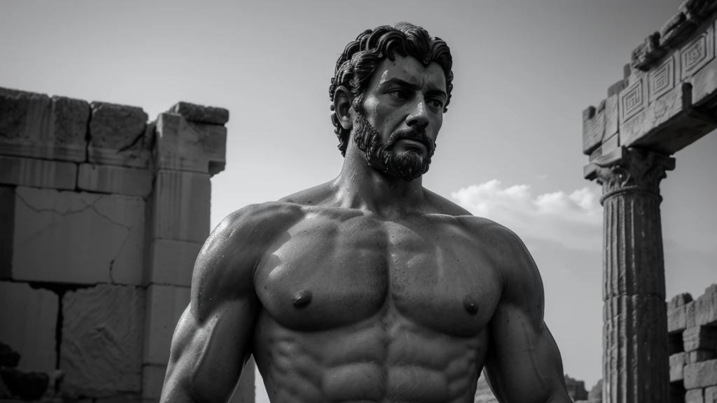 a portrait statue of the stoic Marcus Aurelius in black and white 4K, Super realistic ANCIENT GREEK RUINS, fully body, corpo stark, brawny, stark, wearing no shirt, tronco stark, stark, wearing no shirt, strong arms, 8K, ultra realisitic, cinematographic