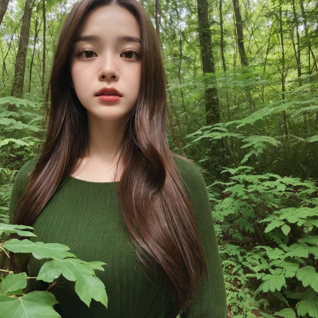 (((hd closeup photo))),one standing Anne-Marie Alto looking at camera,25 years old, in forest