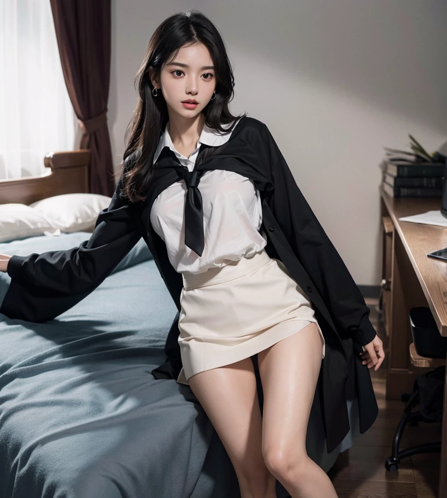 absurdres, RAW photo, extremely delicate and beautiful, masterpiece, Best Quality, ultra high resolution, 32k, hyperrealistic, ultra-detailed, perfect anatomy, super Detailed skin, perfect figure, in her 20s, very Slim body, narrow waist, very small head, very small face, delicate facial features, tearful mole, earring, thin legs, very huge round breasts, full body shot, 3 girls, medium hair, black hair, ((school_uniform)),