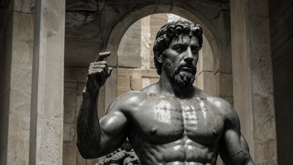 a portrait statue of the stoic Marcus Aurelius in black and white 4K, Super realistic ANCIENT GREEK RUINS, fully body, corpo stark, brawny, stark, wearing no shirt, tronco stark, stark, wearing no shirt, strong arms, 8K, ultra realisitic, cinematographic