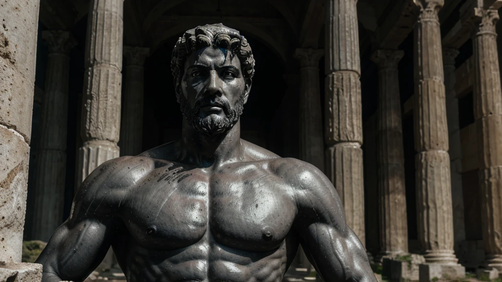 a portrait statue of the stoic Marcus Aurelius in black and white 4K, Super realistic ANCIENT GREEK RUINS, fully body, corpo stark, brawny, stark, wearing no shirt, tronco stark, stark, wearing no shirt, strong arms, 8K, ultra realisitic, cinematographic