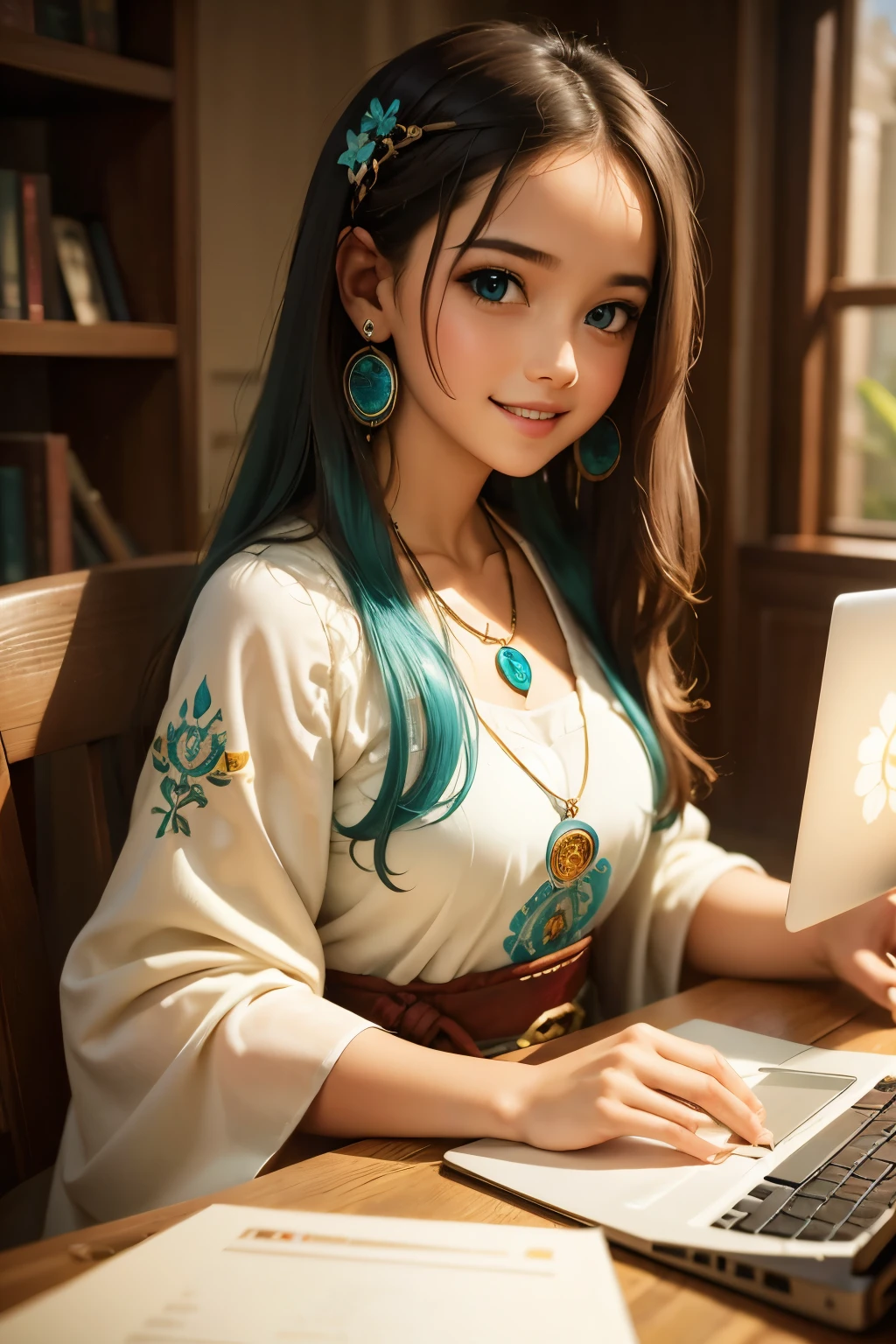 masterpiece, best quality, ultra-detailed, illustration,(1girl),beautiful detailed eyes, looking at viewer, (holding a computer keyboard), happy, (turquoise hair:1), (blue rounded eyes:1), (round earring), (turquoise big gem necklace), cute round face, long hair, smile, fantasy chinese clothes