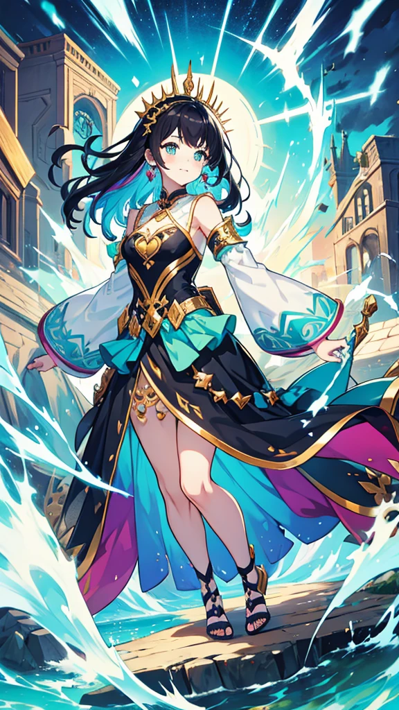 ((magical little girl)), ((Gorgeous starry sky background)), ((Ultra-detailed)), ((Best Illustration)), ((Cinematic lighting)), Dynamic Angle, Floating, finely detailed,transparent costume, (glitters:1.2), (Sparkle:1.2), (Shine:1.2), (Best quality), (Masterpiece:1.2), (Anime style), (Solo), Beautiful detailed face, (Cute face:1.3), Colorful hair, (Long hair:1.2), (Floating hair:1.2), (magical girl outfit), detailed outfits, (Sparkling wand:1.3), (Magical effect:1.3), (Flowing skirt:1.2), (Cute boots:1.1), (Transparent fabric:1.1), (Twinkle:1.2), (Glow:1.2), (Radiance:1.2), (Flicker:1.2), (Dark style:1.2)