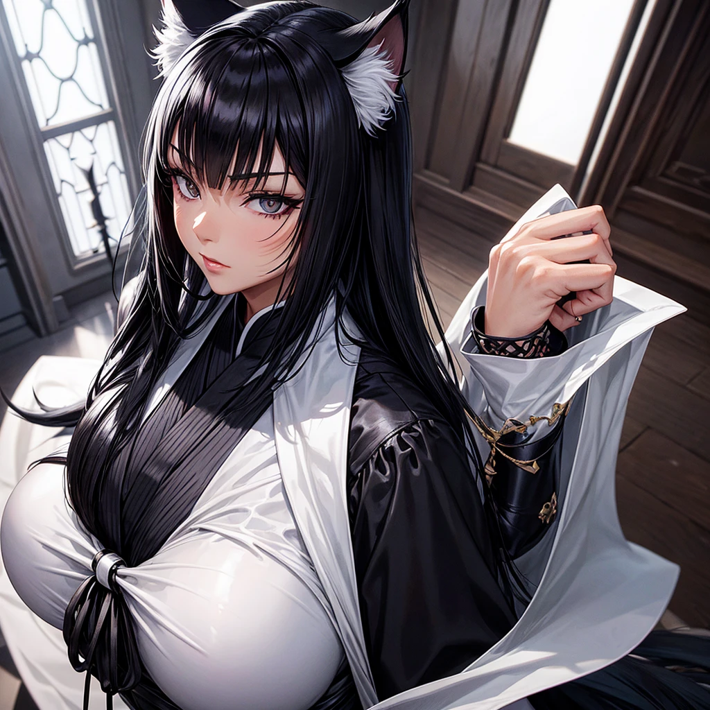 Mature woman, tanned skin, black cat ear, black cat tail, black bob hair, white-black eyes!!!, sexy white kimono, authoritarian look. (White cathedral interior)