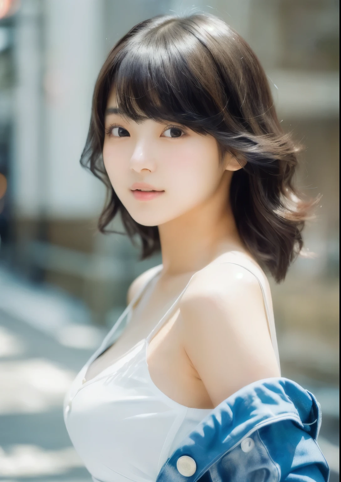 a close up of a woman in a white top and blue jacket, Girl cute beautiful face, Beautiful Japanese girl face, Short hair, Beautiful young Korean woman, Young and pretty Asian face, Realistic young gravure idol, Young and adorable Korean face, Gorgeous Young Korean Woman, Cute young woman, Portraits of Korean female idols, Portrait of a Japan teenager
