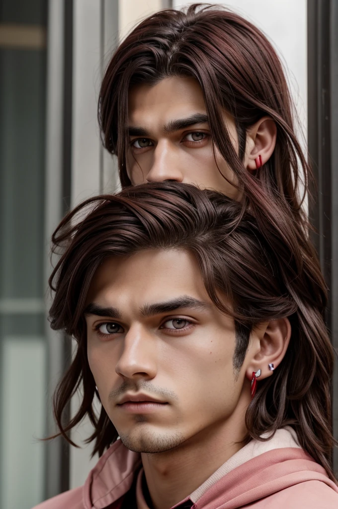 man, long dark brown hair and blood red on the right side,serious eyes, the left dark brown and the right blood red, pastel pink broken heart pupils,He has piercings in his ears on his right eyebrow on his lips,Boku no hero academy type