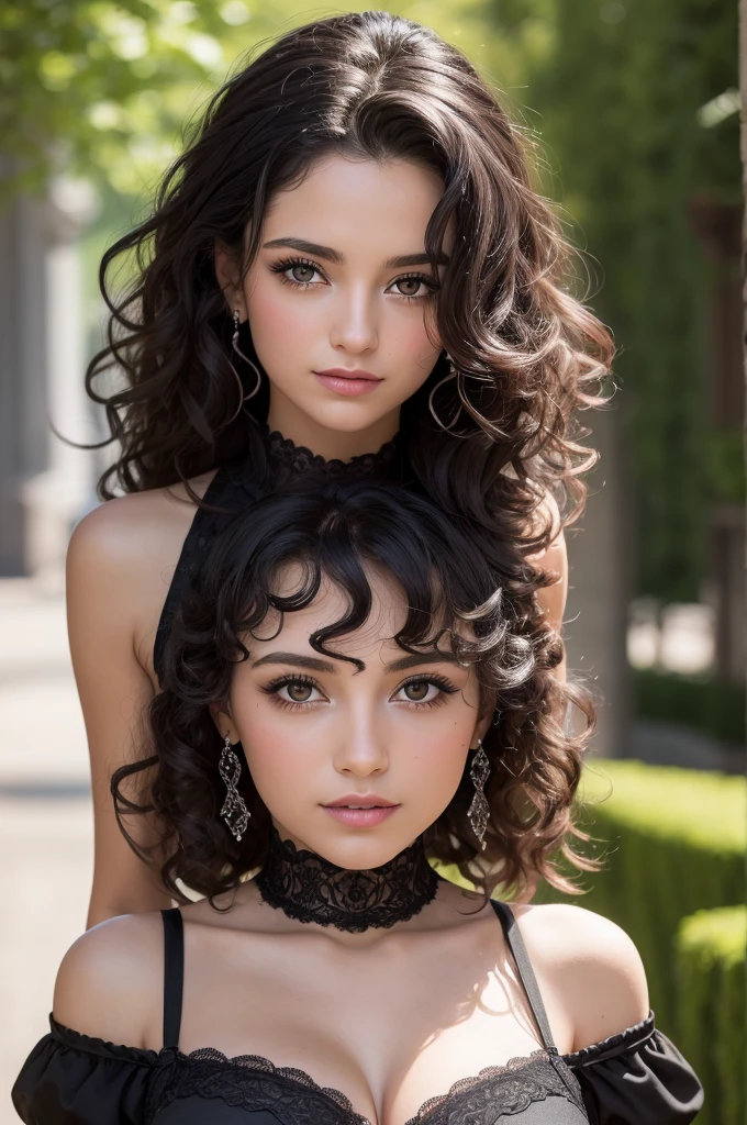 ((best quality)), ((masterpiece)), (detailed), curlyhaired girl, black eyes, black dress , brazilian in ger mid forties