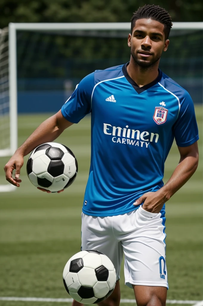 Soccer player with a ball in his hand and on his shirt on his chest say pocket