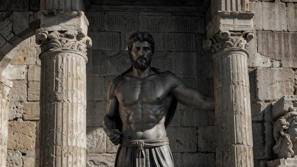 a portrait statue of the stoic Marcus Aurelius in black and white 4K, Super realistic ANCIENT GREEK RUINS, fully body, corpo stark, brawny, stark, wearing no shirt, tronco stark, stark, wearing no shirt, strong arms, 8K, ultra realisitic, cinematographic