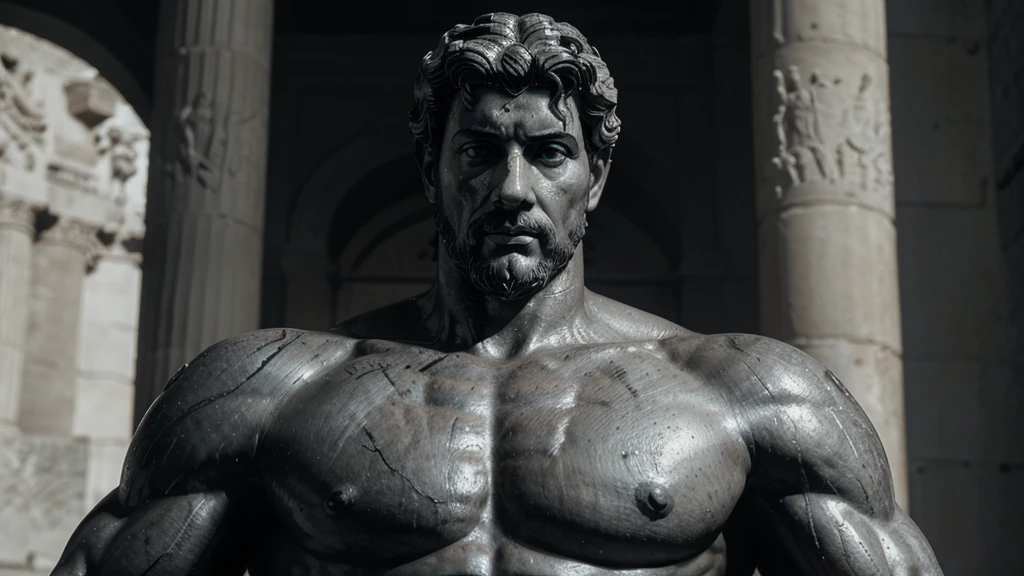 a portrait statue of the stoic Marcus Aurelius in black and white 4K, Super realistic ANCIENT GREEK RUINS, fully body, corpo stark, brawny, stark, wearing no shirt, tronco stark, stark, wearing no shirt, strong arms, 8K, ultra realisitic, cinematographic
