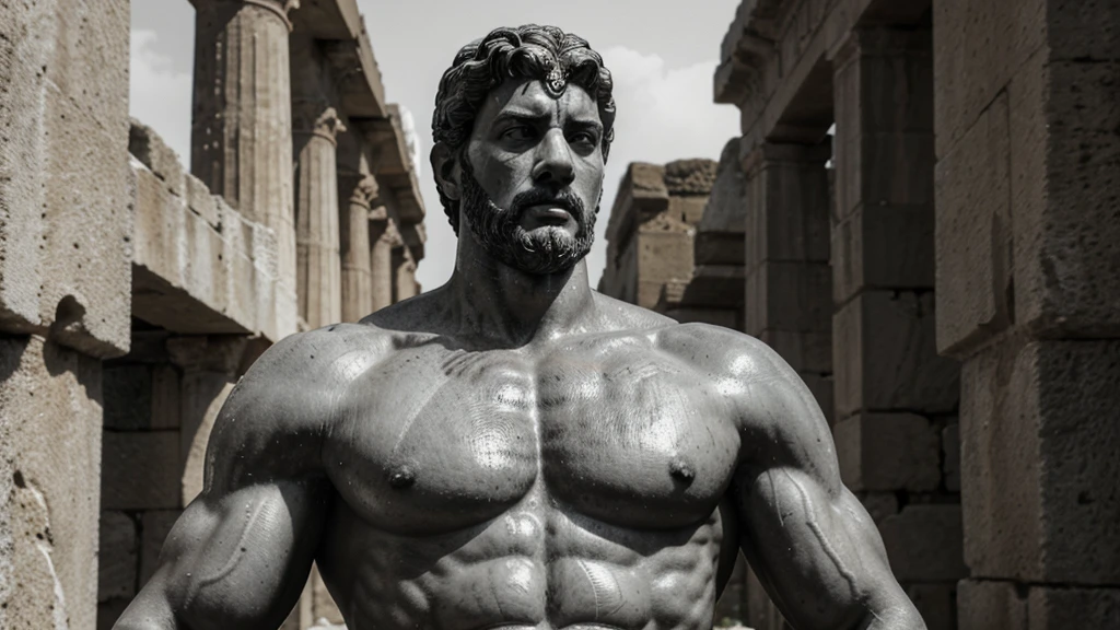 a portrait statue of the stoic Marcus Aurelius in black and white 4K, Super realistic ANCIENT GREEK RUINS, fully body, corpo stark, brawny, stark, wearing no shirt, tronco stark, stark, wearing no shirt, strong arms, 8K, ultra realisitic, cinematographic
