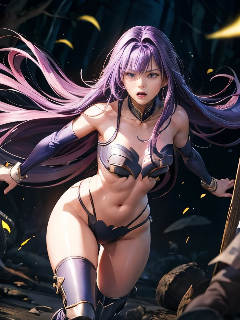 Highest quality、Realistic、Battle of Despair、Beautiful woman with very long purple hair、White Armor（Small breasts、Off the shoulder、Sleeveless、No elbow pads、belly button、High Leg、Exposed thighs）、White Armorのブーツ、Tears overflow、Frightened expression、scream、run away、Attacked by mutants 1:5、Many violent mutants 1:5、Mutant Holding Armutant attacks from behind、Mutant grabs leg、Mutant Swarm 1:5、darkness、Different world、Dark fantasy、Pitch Black Hell