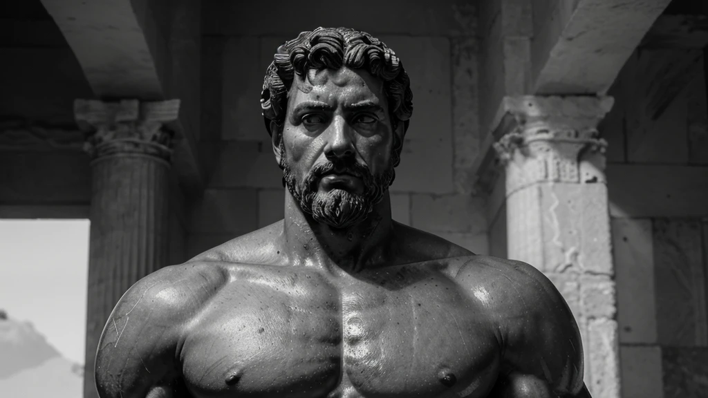 a portrait statue of the stoic Marcus Aurelius in black and white 4K, Super realistic ANCIENT GREEK RUINS, fully body, corpo stark, brawny, stark, wearing no shirt, tronco stark, stark, wearing no shirt, strong arms, 8K, ultra realisitic, cinematographic