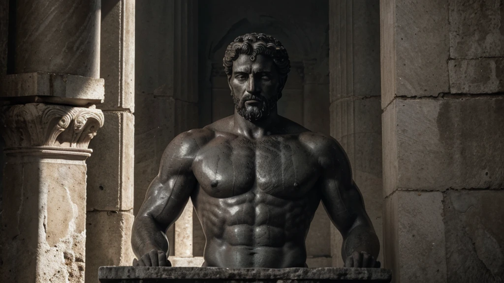 a portrait statue of the stoic Marcus Aurelius in black and white 4K, Super realistic ANCIENT GREEK RUINS, fully body, corpo stark, brawny, stark, wearing no shirt, tronco stark, stark, wearing no shirt, strong arms, 8K, ultra realisitic, cinematographic
