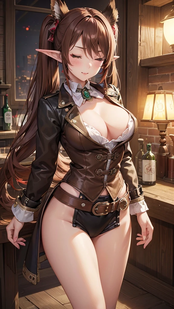 "((short steampunk corse)),((Mexicana peliroja, white skin)),((Twintail)),(1solo),(1 girl view),full_body, 1 girl view,female, young, , 70% nude, (long hair), ((red-light brown hair)), snowflakesdetailed cute anime face, ((pointy_ears, seductive pose, flirty with one eye closed)), (((medium_breasts, firm breasts))), (green-brown ligth eyes), random angle)":(all realistic intricate details)
