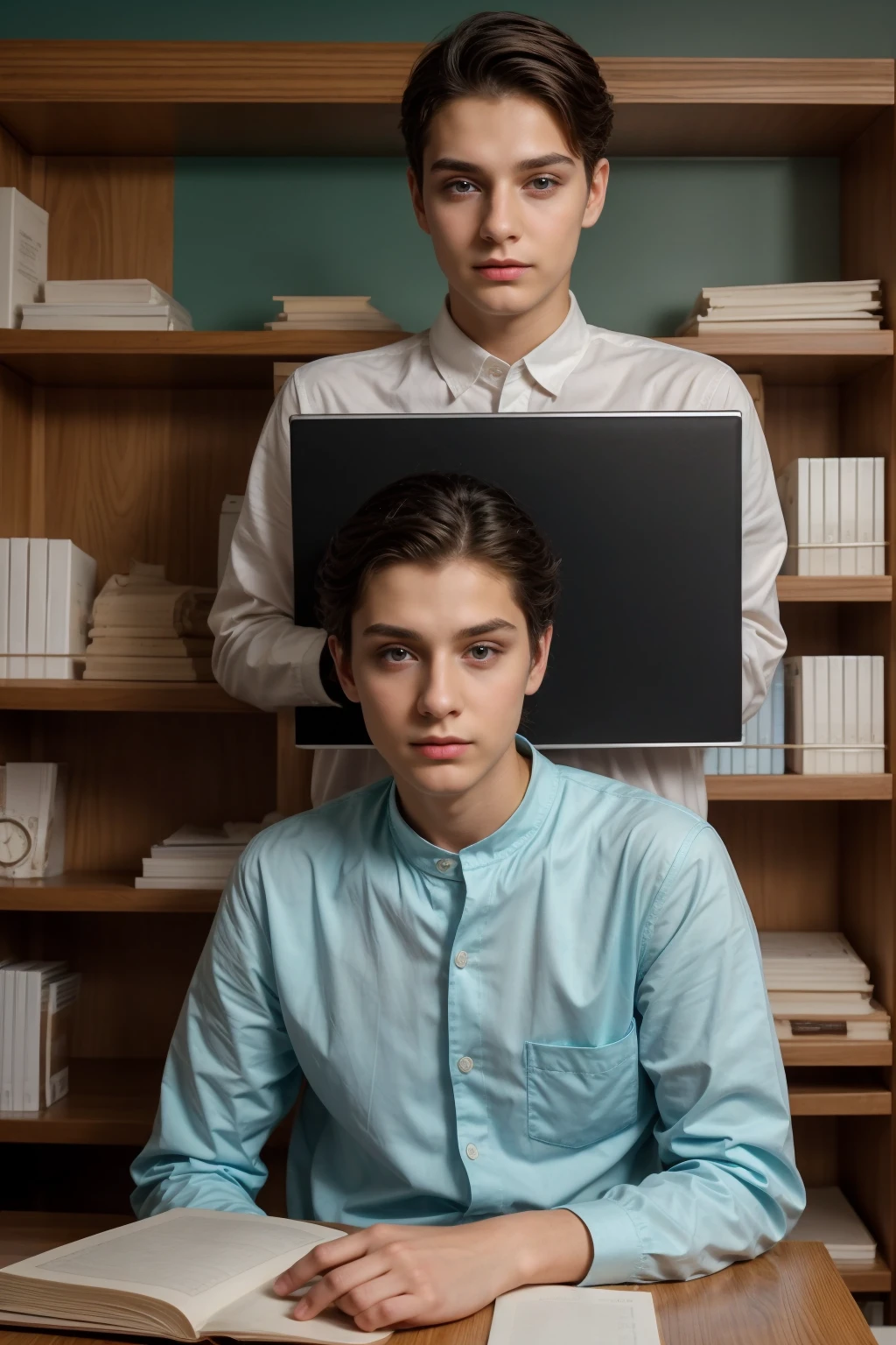 A beautiful young male twink, cute, with black hair and a face with makeup, wearing a bright white long-sleeved shirt and aqua blue pants, and he is in his office, and behind him is a blackboard on which is written the shape of the brain and its anatomy, and nuclear energy comes out of it, and he has a face with makeup and and. His eyes have dark circles under them and he is sitting studying with a huge medical book on surgery. He appears innocent and has a beautiful face with makeup