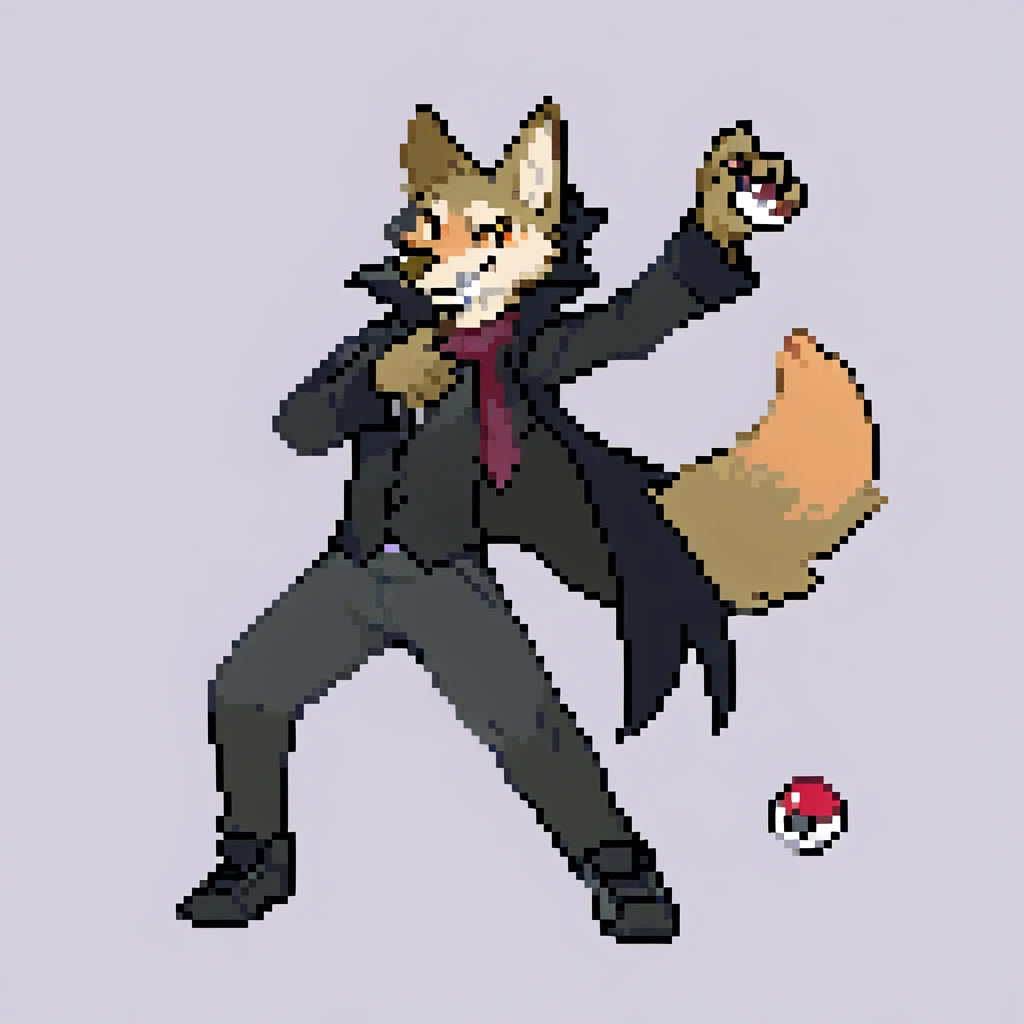 canid, canine, canis, mammal, mythological_canine, were, werecanid, werecanine, coyote, wolf, orange_body, orange_fur, brown_nose, black_cloak, holding_pokéball, vampire_pose, smiling, black_suit, red_stripped_tie, black_pants, black_sneakers, male, fingers, fluffy, fluffy_tail, fur, thin_anthro, full_body, solo, digital_media_(artwork), hi_res, masterpiece,