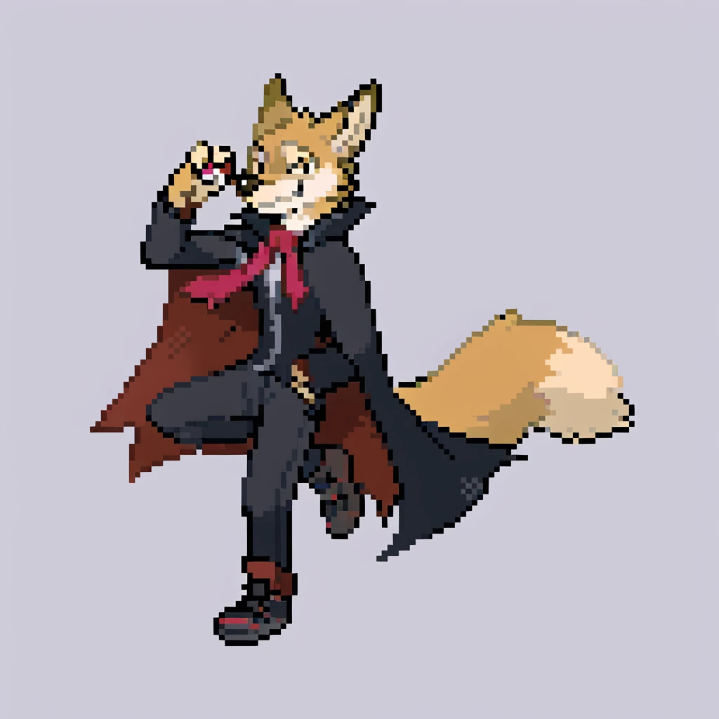 canid, canine, canis, mammal, mythological_canine, were, werecanid, werecanine, coyote, wolf, orange_body, orange_fur, brown_nose, black_cloak, holding_pokéball, vampire_pose, smiling, black_suit, red_stripped_tie, black_pants, black_sneakers, male, fingers, fluffy, fluffy_tail, fur, thin_anthro, full_body, solo, digital_media_(artwork), hi_res, masterpiece,