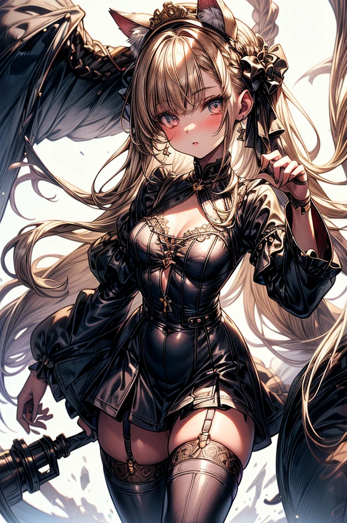 ((highest quality)),(ultra high resolution),(Super detailed),(detailed description),((best CG)),(best work of art),super precision art, great drawing art,(Art with precise details:1.5), (1 woman:1.5), beautiful and well-shaped face:1.5,(Beautiful skin with precise and detailed depiction:1.6),(Very precisely depicted French Maid outfit),provocative angle:1.6,gorgeous, masterpiece, best quality, high-resolution, finely detailed, extremely detailed and beautiful, distinct-image, 1 girl, solo, White French Maid Uniform, beautiful young age girl, 13 yarly white skin, Blonde braided ponytail hair, adorable and cute facial features, golden-brown colored eyes, Black sheer stockings plump thick lips, tiny breasts, slender and slim toned body type, tall height(180cm), small narrow waist, wide curvy hips, plump large round ass, full body picture, cat-ears, cat tail