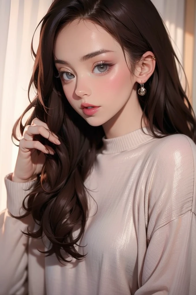 Girl, long brown hair, gray eyes, cold features, white skin, orange lips, soft and thin, sweater