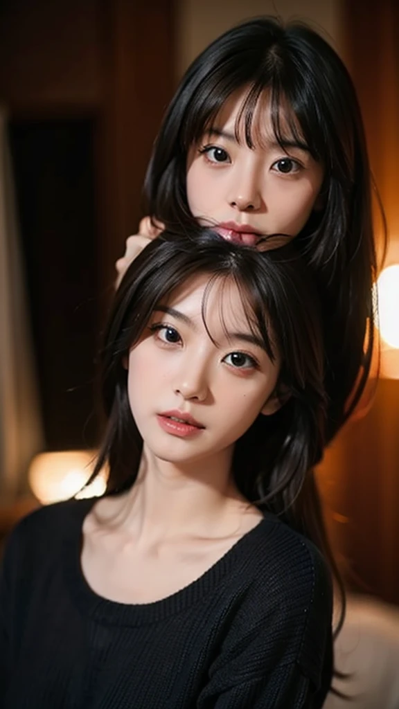 Highest quality、8K、32k、masterpiece、Hmph:1.2)、One Girl、One Girl、Black-haired、Heavy bangs、Chest-length hair、Focus on the face、Focus on the face、Virgin killer sweater
