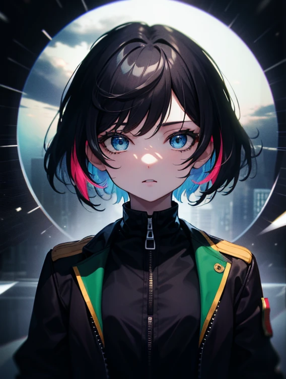 (Masterpiece, Best quality, ultra high resolution),1girl,short hair,black hair,jacket,(multicolor jacket green and black),looking at the viewer,focus on the girl,cloudy sky,beautiful and detailed face, detailed eyes,grey and black theme