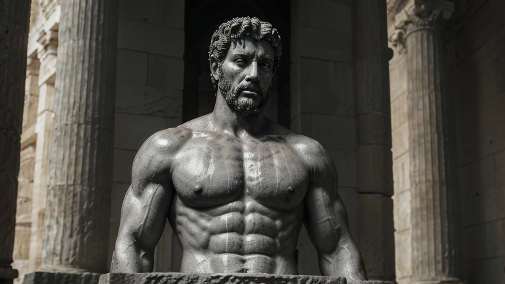 a portrait statue of the stoic Marcus Aurelius in black and white 4K, Super realistic ANCIENT GREEK RUINS, fully body, corpo stark, brawny, stark, wearing no shirt, tronco stark, stark, wearing no shirt, strong arms, 8K, ultra realisitic, cinematographic