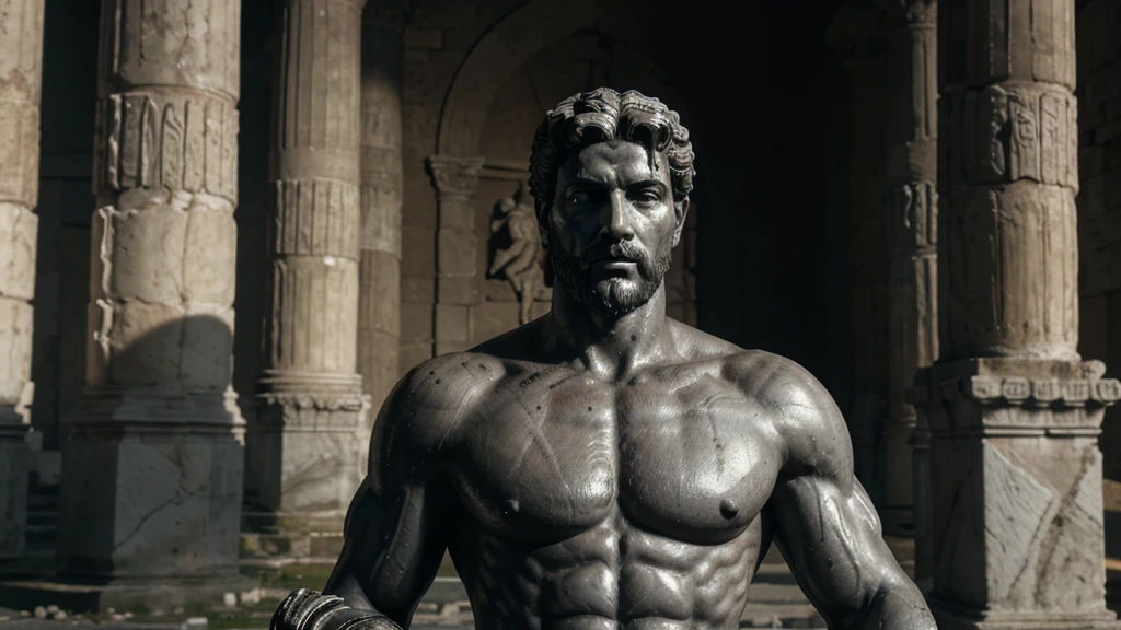 a portrait statue of the stoic Marcus Aurelius in black and white 4K, Super realistic ANCIENT GREEK RUINS, fully body, corpo stark, brawny, stark, wearing no shirt, tronco stark, stark, wearing no shirt, strong arms, 8K, ultra realisitic, cinematographic