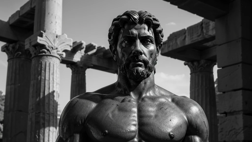 a portrait statue of the stoic Marcus Aurelius in black and white 4K, Super realistic ANCIENT GREEK RUINS, fully body, corpo stark, brawny, stark, wearing no shirt, tronco stark, stark, wearing no shirt, strong arms, 8K, ultra realisitic, cinematographic
