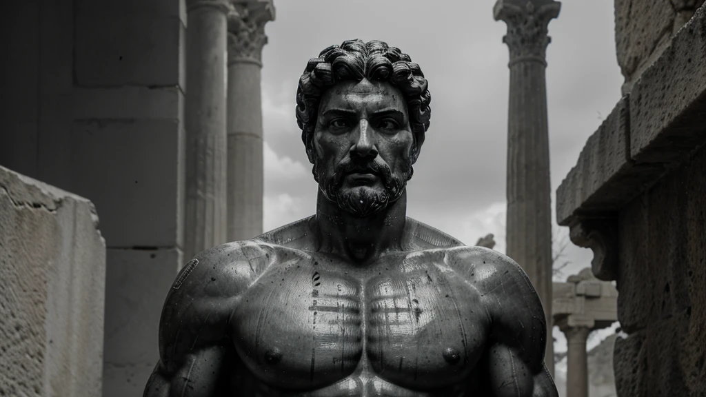 a portrait statue of the stoic Marcus Aurelius in black and white 4K, Super realistic ANCIENT GREEK RUINS, fully body, corpo stark, brawny, stark, wearing no shirt, tronco stark, stark, wearing no shirt, strong arms, 8K, ultra realisitic, cinematographic